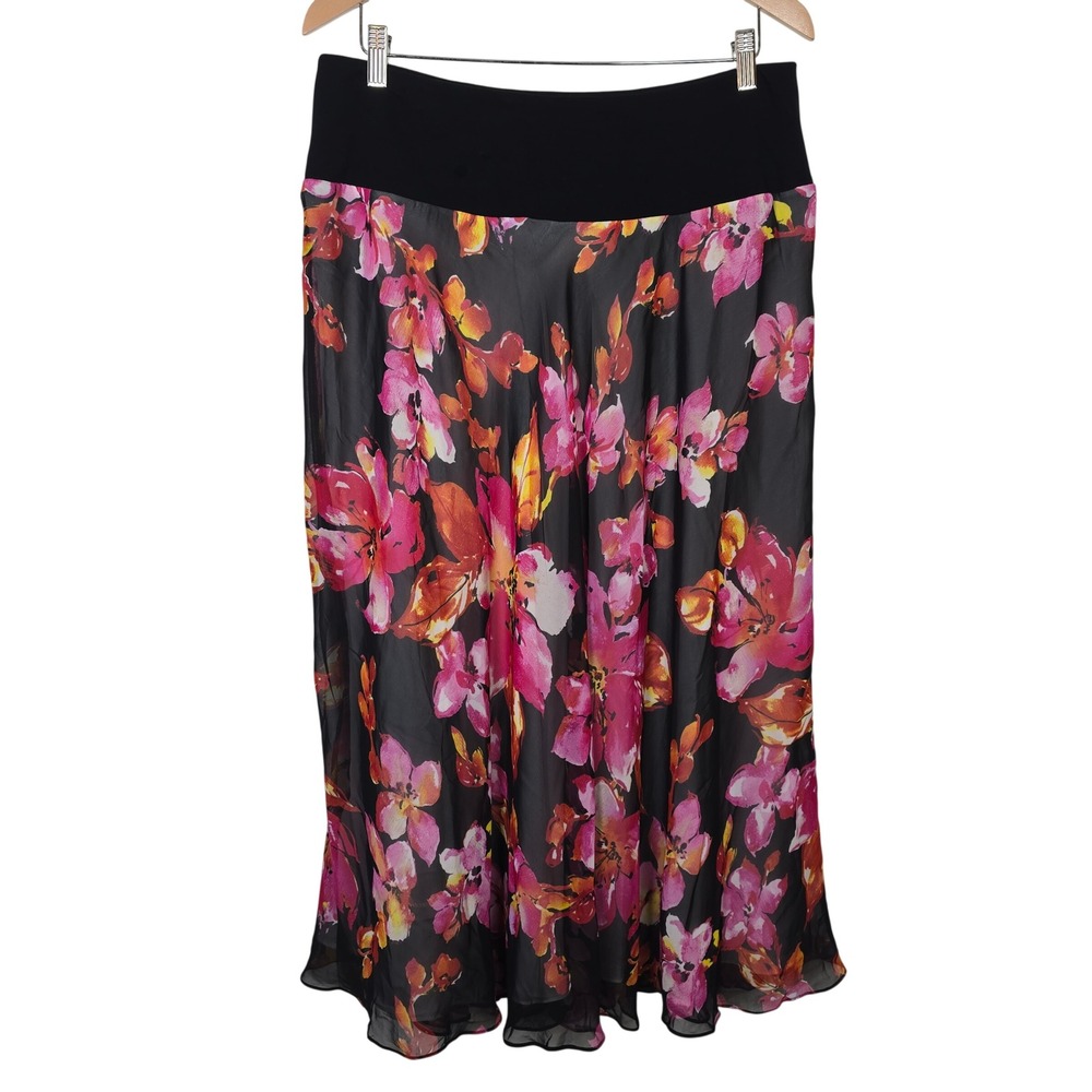 Jones‎ New York Collection Floral Maxi Skirt Black Pink Chiffon Lined Womens L